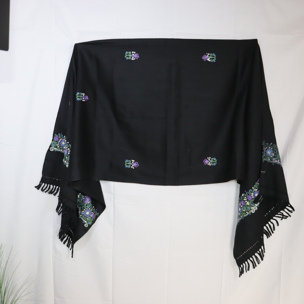 Zazou Luxe‎ Scarf Shawl OS Black Womens Embroidered Wool Wrap